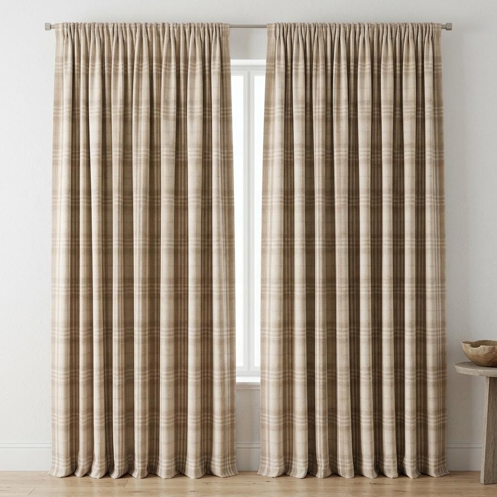 Oatmeal Beige & Ivory Pure Linen Curtains, Printed Herringbone Plaid Farmhouse Drapes, Custom Blackout or Light Filtering Panels — image 7