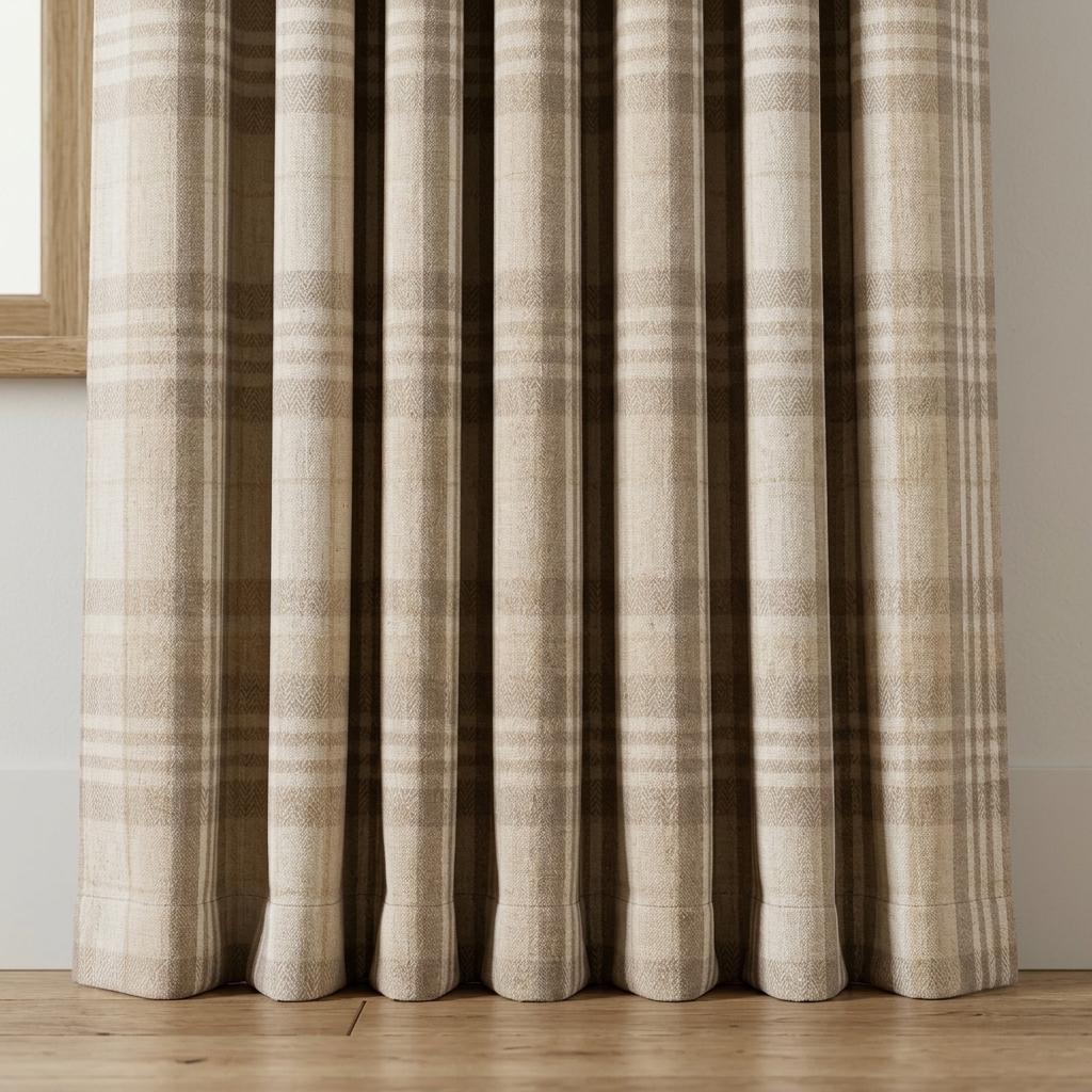 Oatmeal Beige & Ivory Pure Linen Curtains, Printed Herringbone Plaid Farmhouse Drapes, Custom Blackout or Light Filtering Panels — image 8