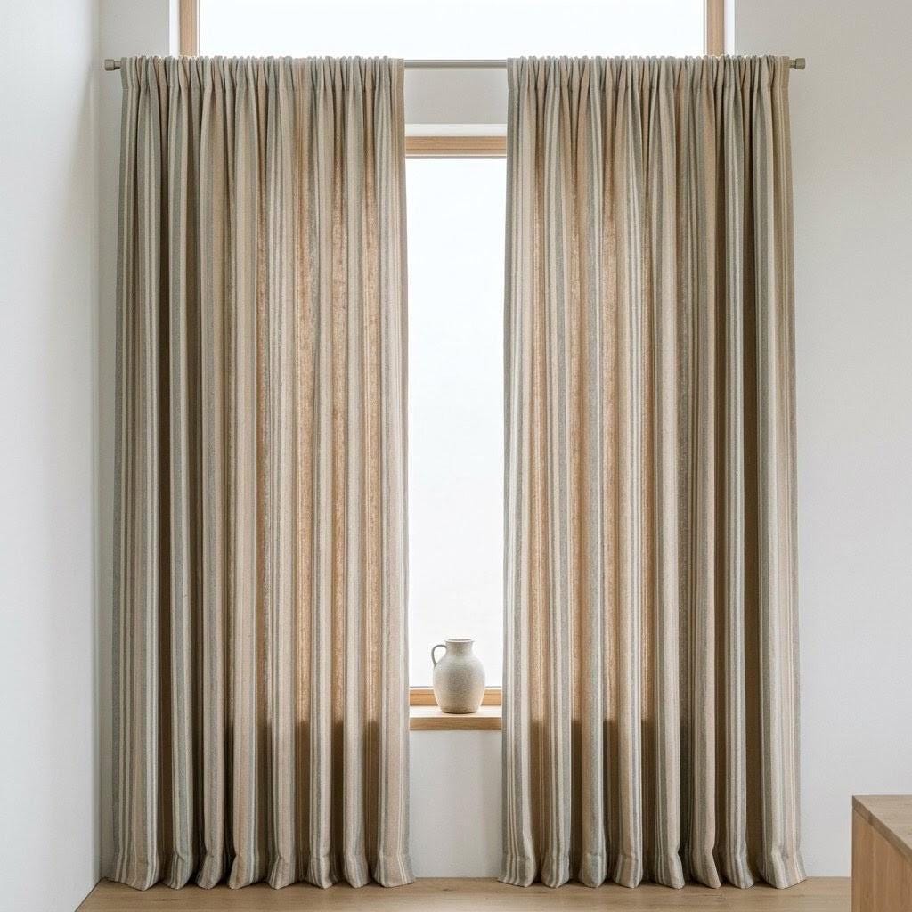 Farmhouse Stripe Curtains: Organic Linen Panels (Beige & Sage, Blackout) — image 4