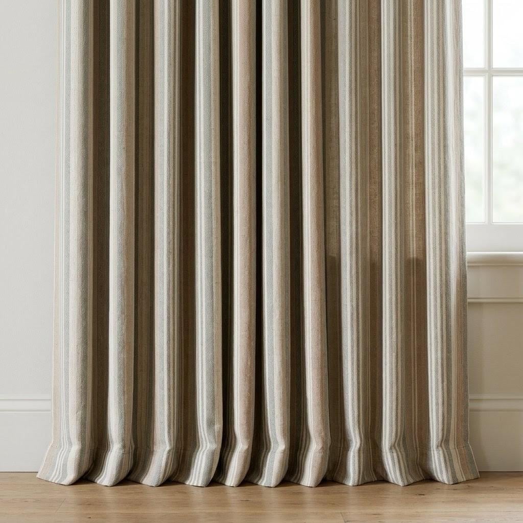 Farmhouse Stripe Curtains: Organic Linen Panels (Beige & Sage, Blackout) — image 7