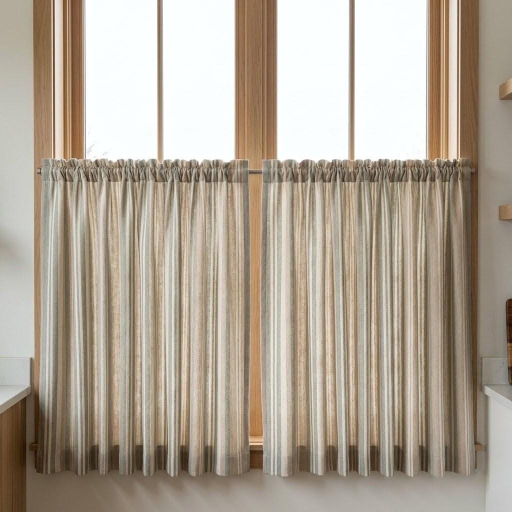 Farmhouse Stripe Curtains: Organic Linen Panels (Beige & Sage, Blackout) — image 8