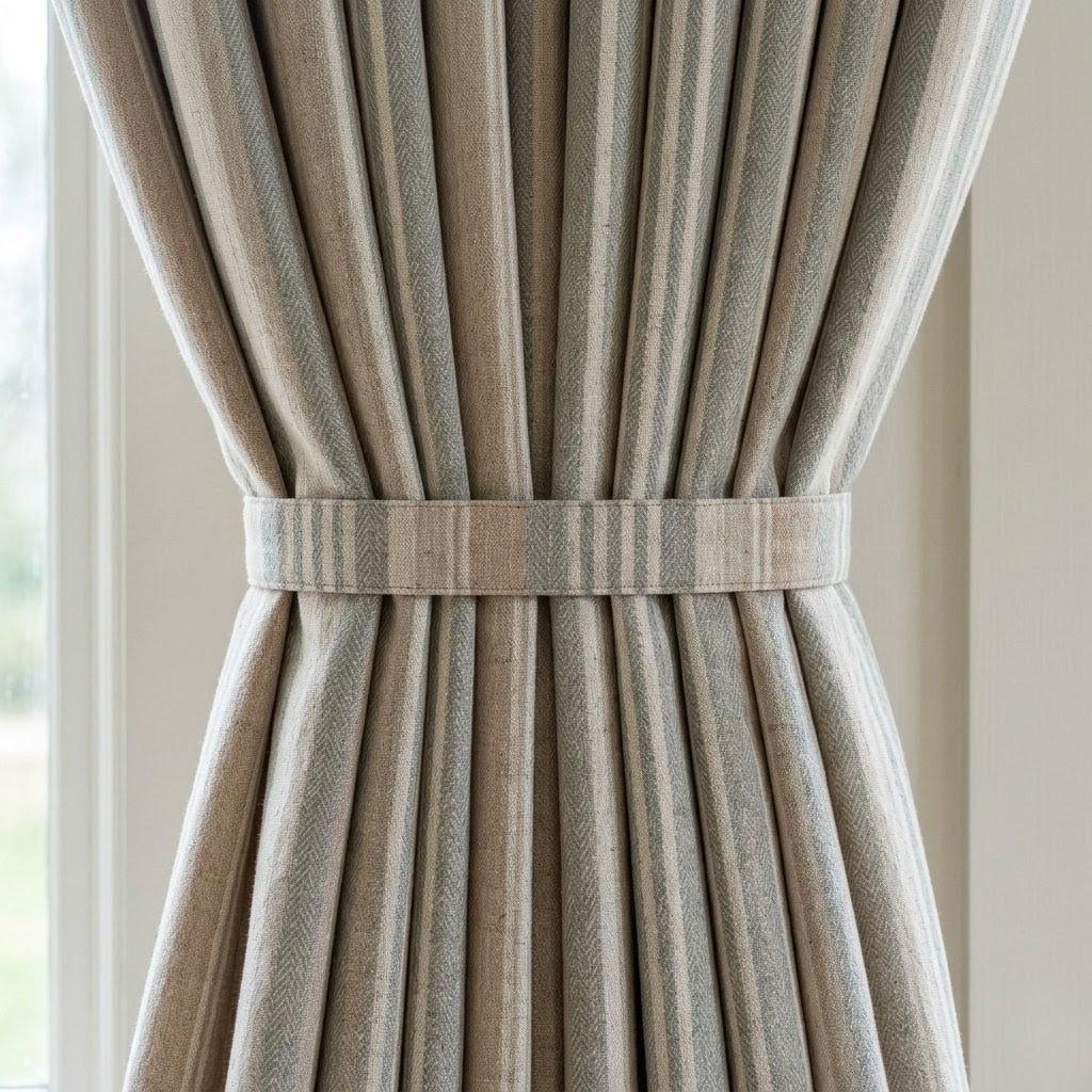 Farmhouse Stripe Curtains: Organic Linen Panels (Beige & Sage, Blackout) — image 3