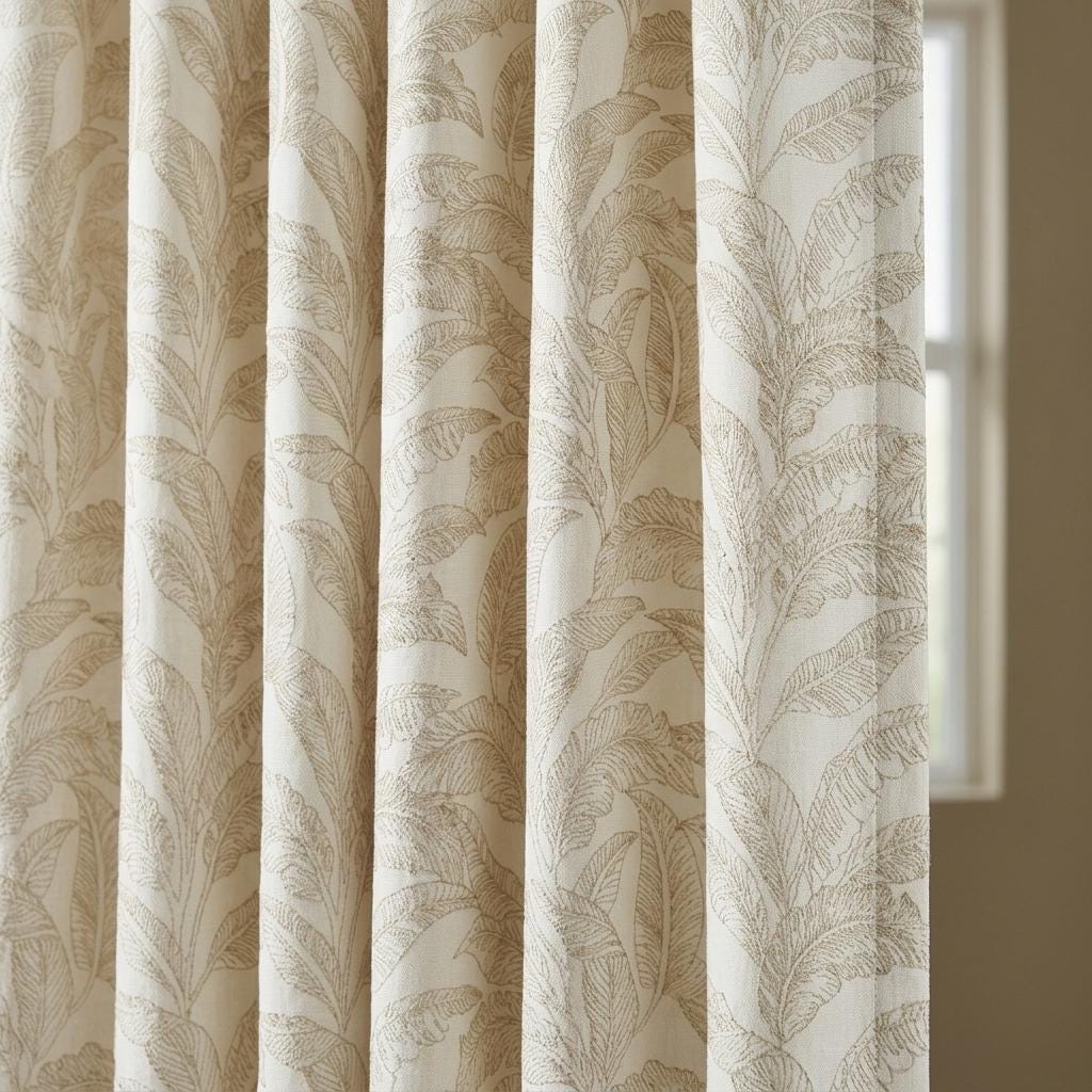 Ivory Pure Linen Curtains, Taupe Beige Embroidered Botanical Leaf Drapes, Custom Blackout or Light Filtering — image 1