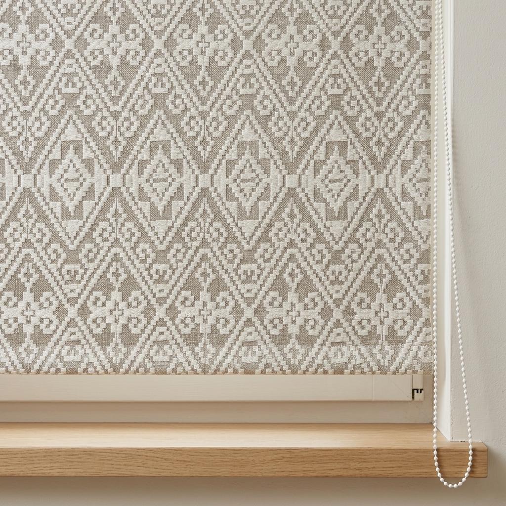 Custom Greige Pure Linen Roman Shade, Ivory Embroidered Geometric Diamond, Blackout or Light Filtering Blind — image 1