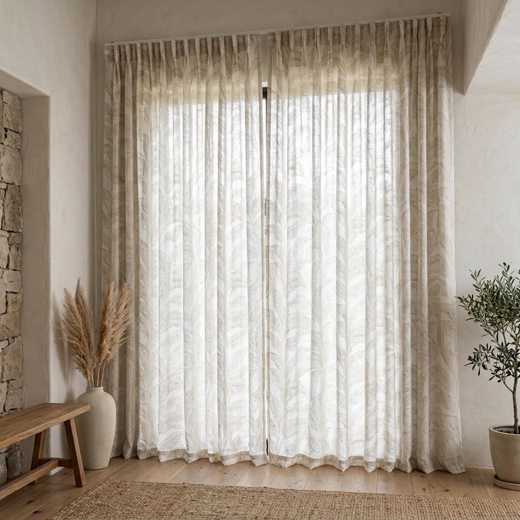 White Pure Linen Sheer Curtains, Flax Beige Embroidered Tropical Leaf, Custom Light Filtering Drapes — image 9