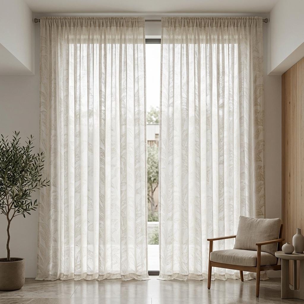 White Pure Linen Sheer Curtains, Flax Beige Embroidered Tropical Leaf, Custom Light Filtering Drapes — image 10