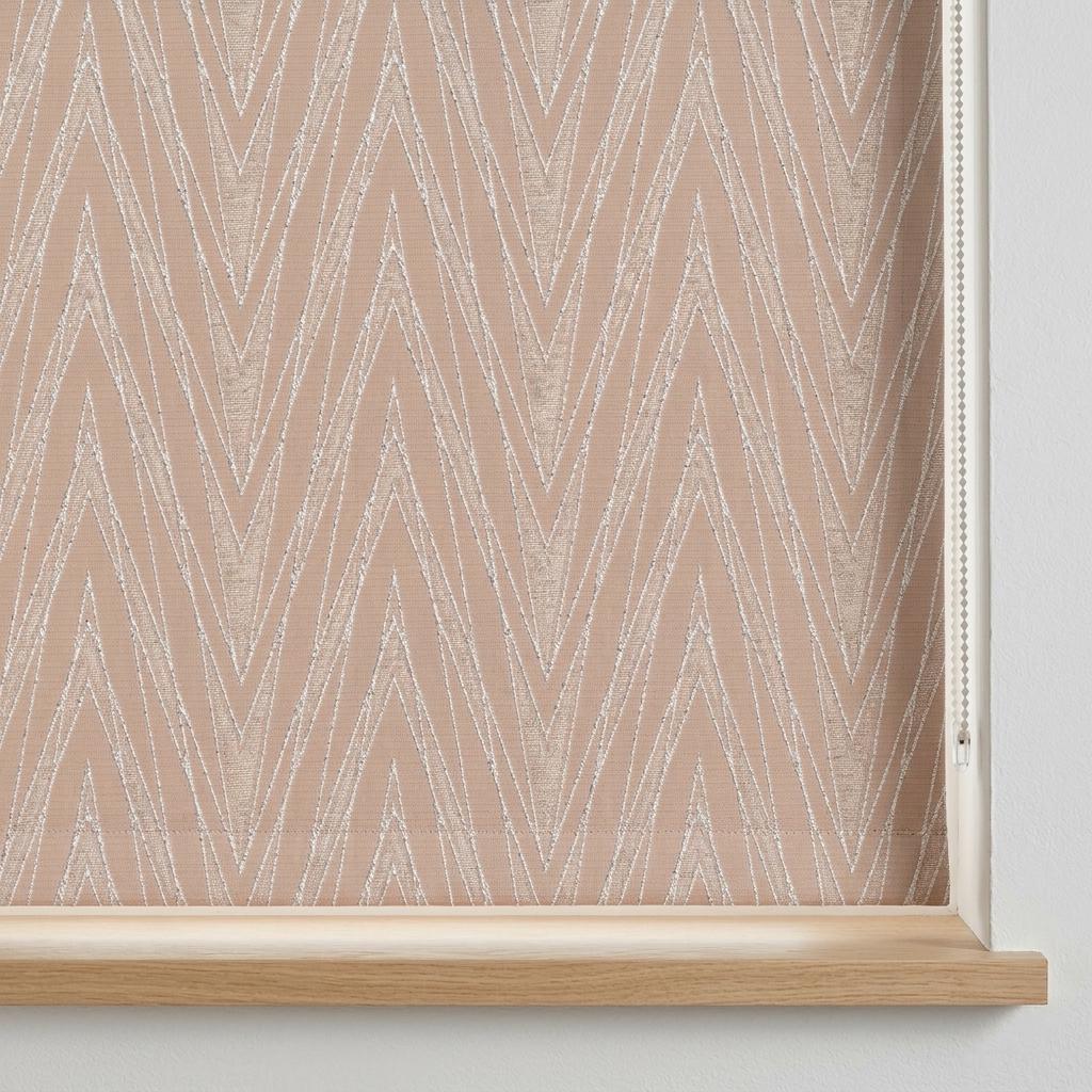 Custom Blush-Pink Pure Linen Roman Shade, Ivory Chevron Jacquard, Blackout or Light-Filtering Corded Blind — image 1