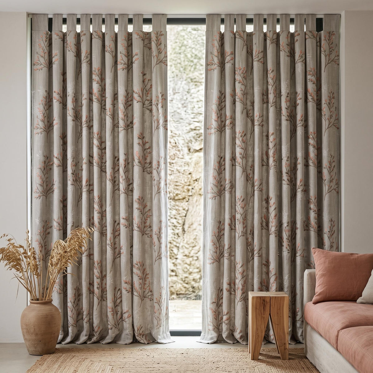 Greige Ivory Pure Linen Curtains, Blush Pink Taupe Embroidered Botanical Farmhouse Drapes, Custom Blackout or Light Filtering Panels — image 10