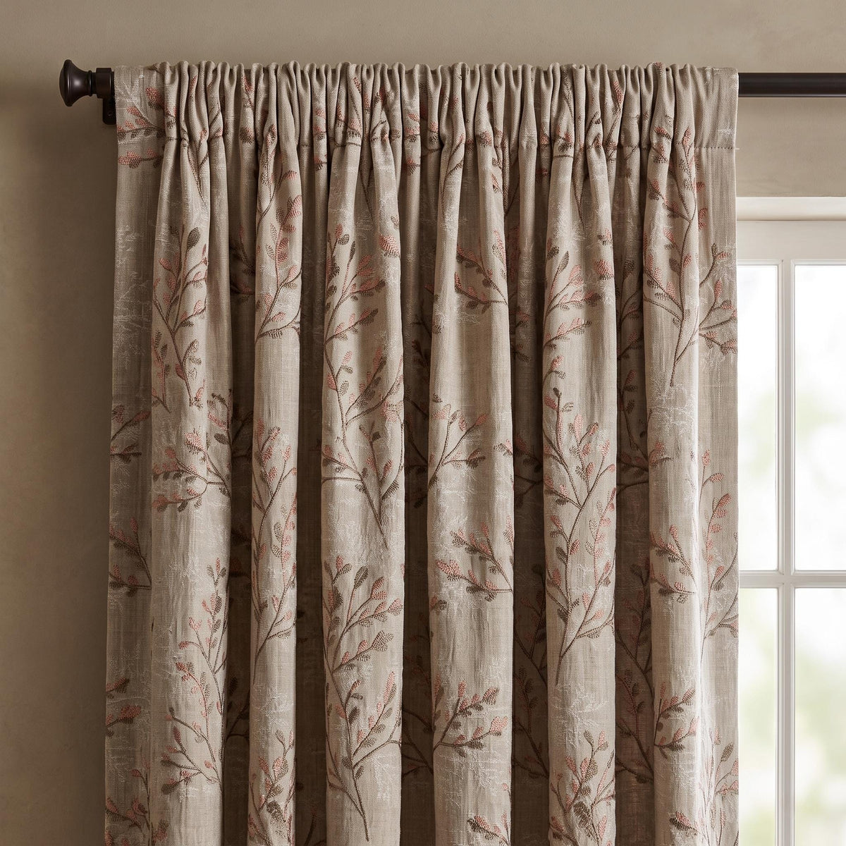 Greige Ivory Pure Linen Curtains, Blush Pink Taupe Embroidered Botanical Farmhouse Drapes, Custom Blackout or Light Filtering Panels — image 3