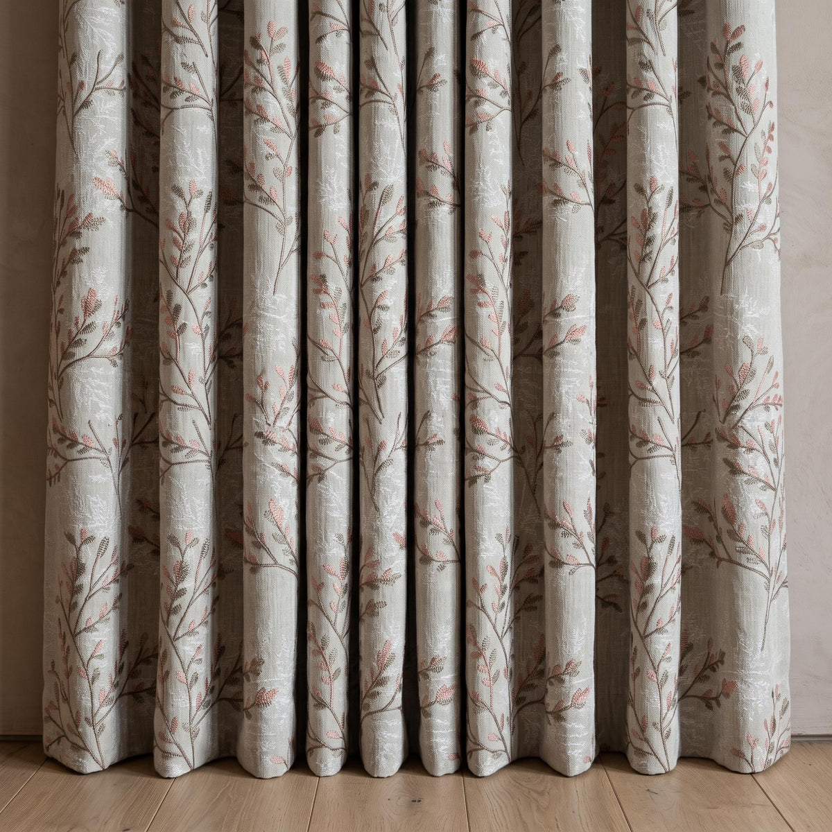 Greige Ivory Pure Linen Curtains, Blush Pink Taupe Embroidered Botanical Farmhouse Drapes, Custom Blackout or Light Filtering Panels — image 7
