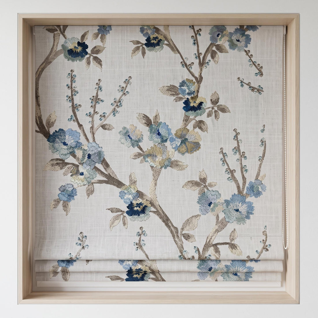 Ivory Blue Floral Pure Linen Roman Shade, Embroidered Wildflower Botanical Custom Corded Blind, Blackout or Light Filtering Window Shade — image 1
