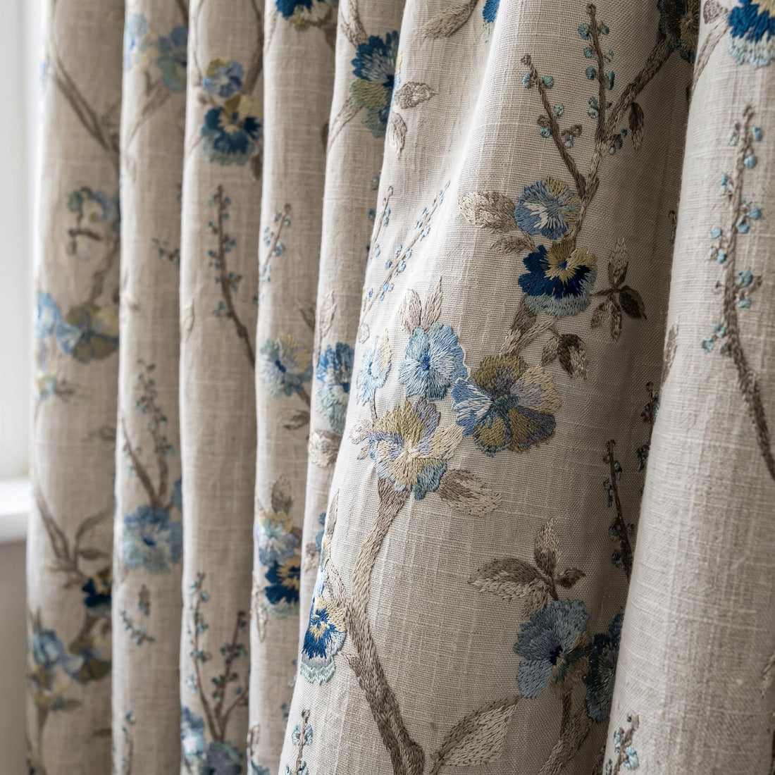 Ivory Pure Linen Curtains, Dusty Blue Teal Embroidered Floral Branch Drapes, Custom Blackout or Light Filtering Panels — image 1
