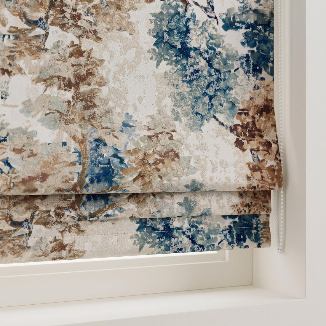 Ivory Blue & Taupe Silk Jacquard Roman Shade, Abstract Floral Custom Corded Blind, Blackout or Light Filtering Window Shade — image 1