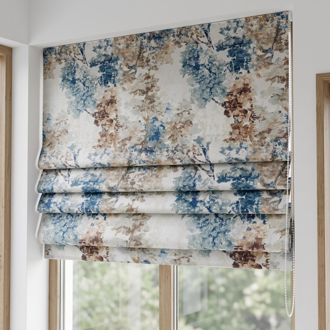 Ivory Blue & Taupe Silk Jacquard Roman Shade, Abstract Floral Custom Corded Blind, Blackout or Light Filtering Window Shade — image 1