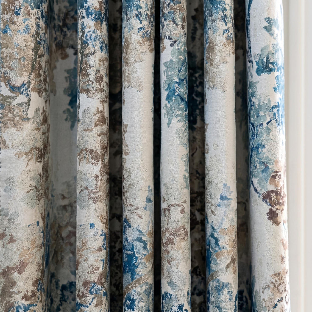 Ivory Teal Blue Silk Jacquard Curtains, Taupe Abstract Botanical Drapes, Custom Blackout or Light Filtering Panels — image 5