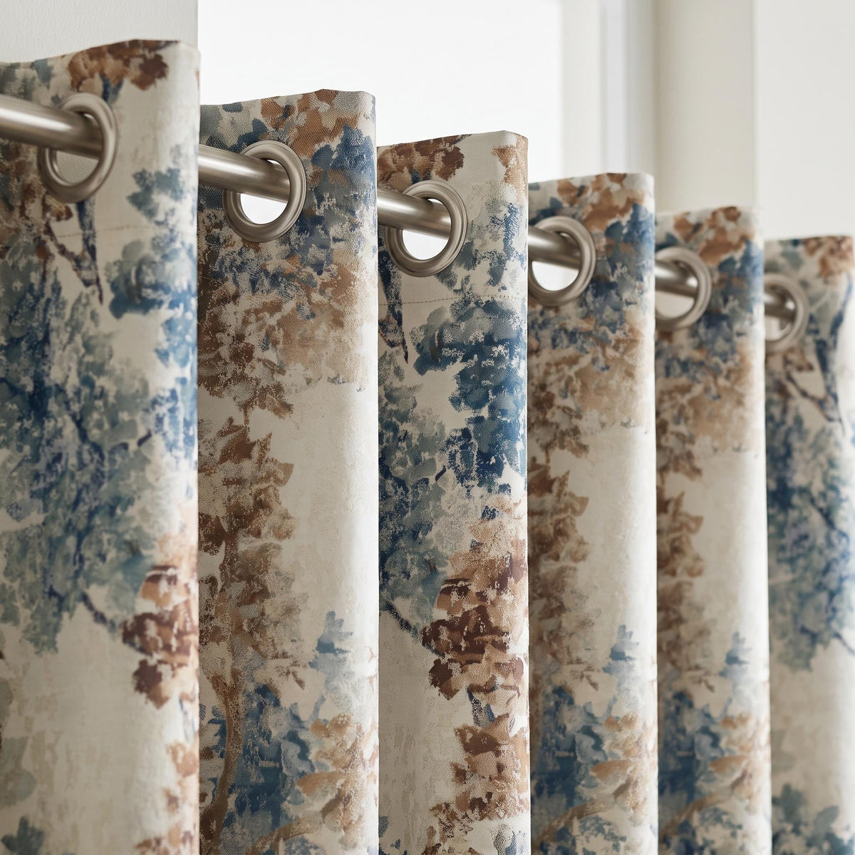 Ivory Teal Blue Silk Jacquard Curtains, Taupe Abstract Botanical Drapes, Custom Blackout or Light Filtering Panels — image 2