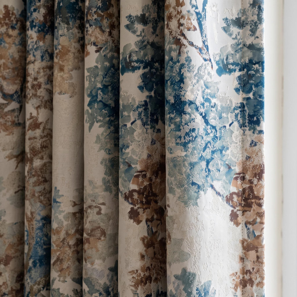 Ivory Teal Blue Silk Jacquard Curtains, Taupe Abstract Botanical Drapes, Custom Blackout or Light Filtering Panels — image 1