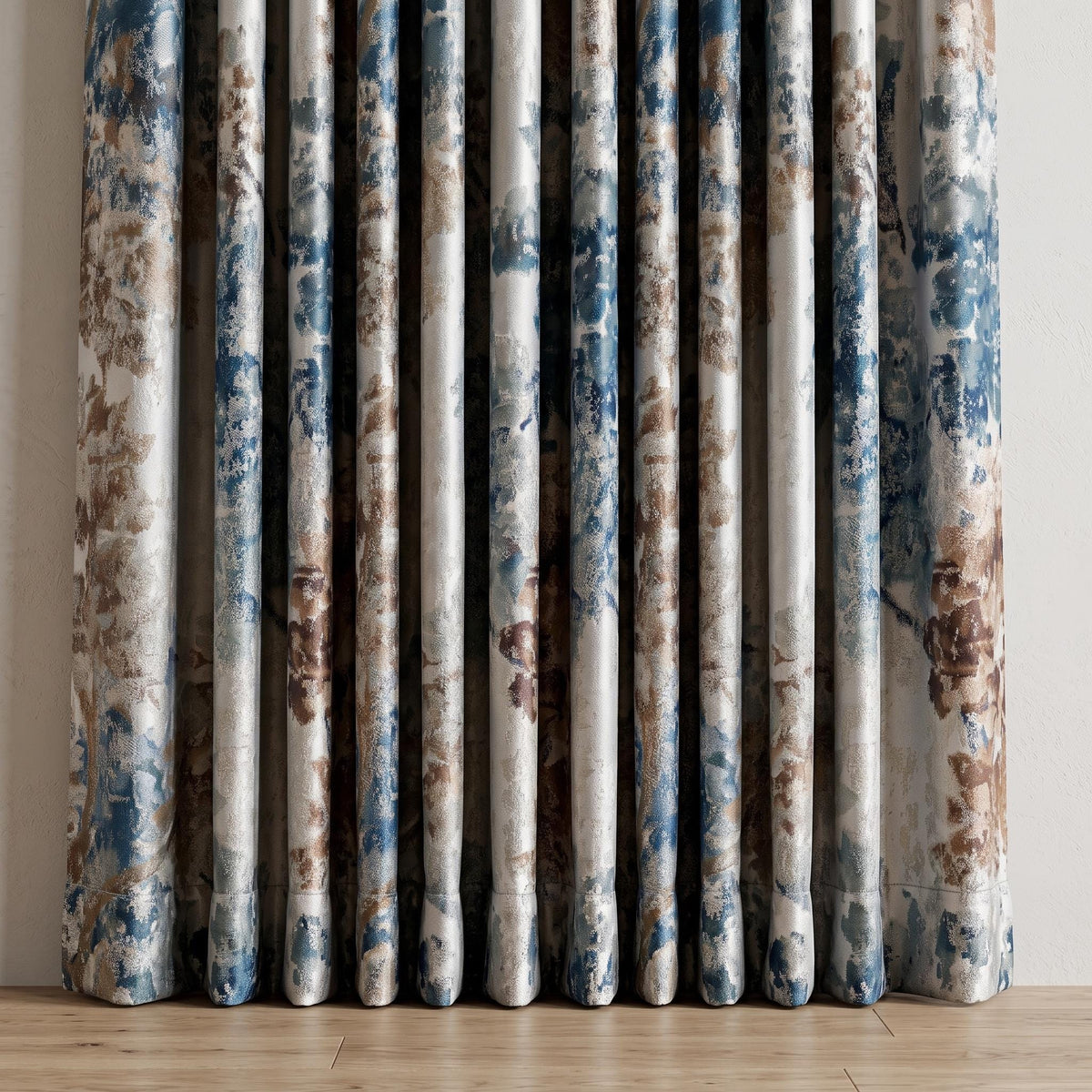 Ivory Teal Blue Silk Jacquard Curtains, Taupe Abstract Botanical Drapes, Custom Blackout or Light Filtering Panels — image 4