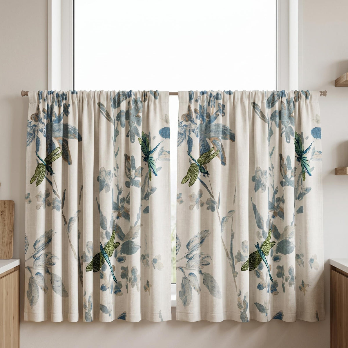 Ivory Pure Linen Dragonfly Curtains, Teal Green Embroidery & Blue Botanical Print, Custom Blackout or Light Filtering Panels — image 9