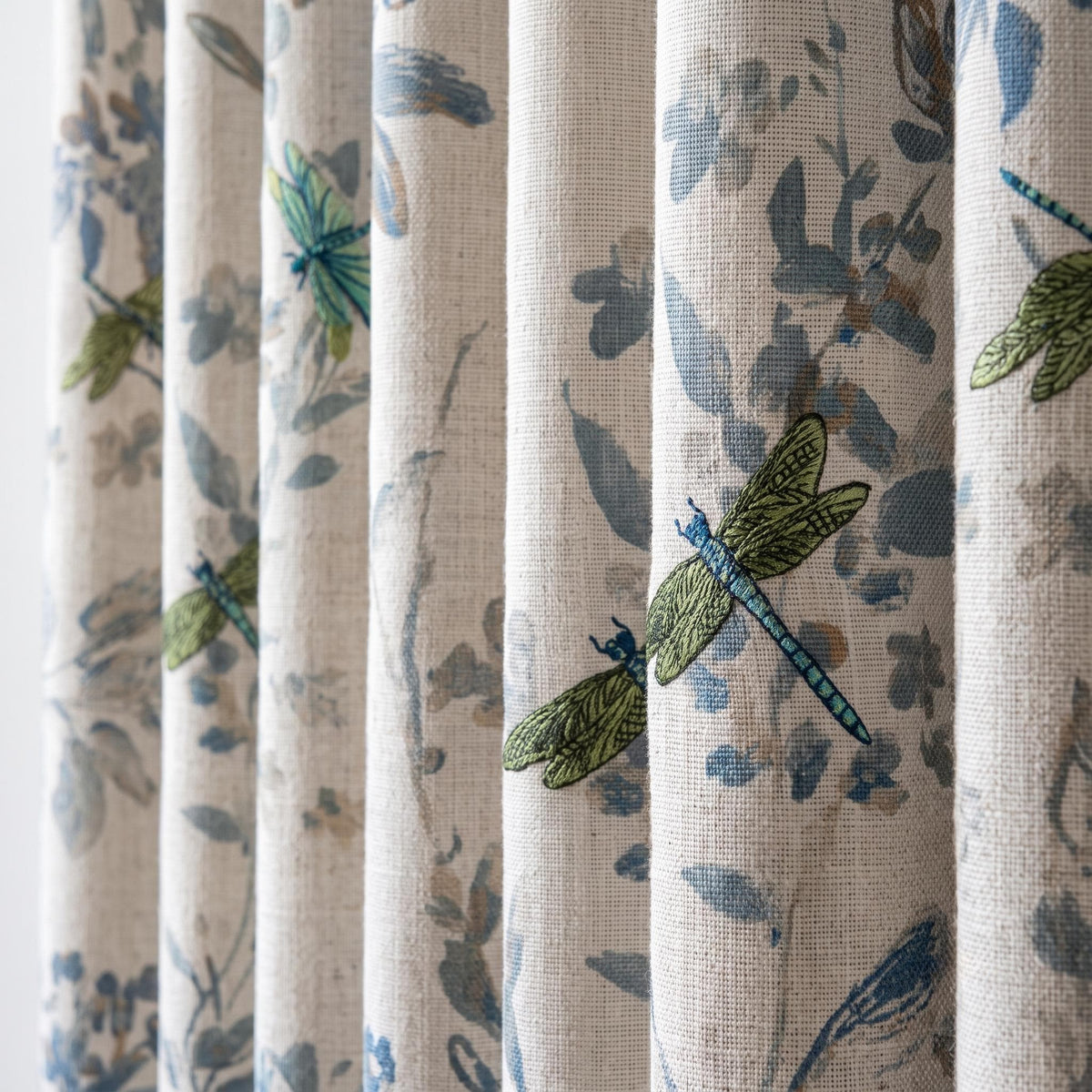 Ivory Pure Linen Dragonfly Curtains, Teal Green Embroidery & Blue Botanical Print, Custom Blackout or Light Filtering Panels — image 1