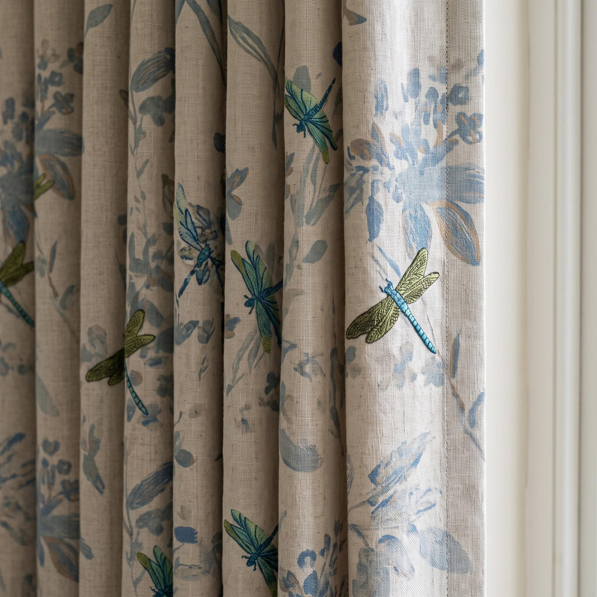 Ivory Pure Linen Dragonfly Curtains, Teal Green Embroidery & Blue Botanical Print, Custom Blackout or Light Filtering Panels — image 6