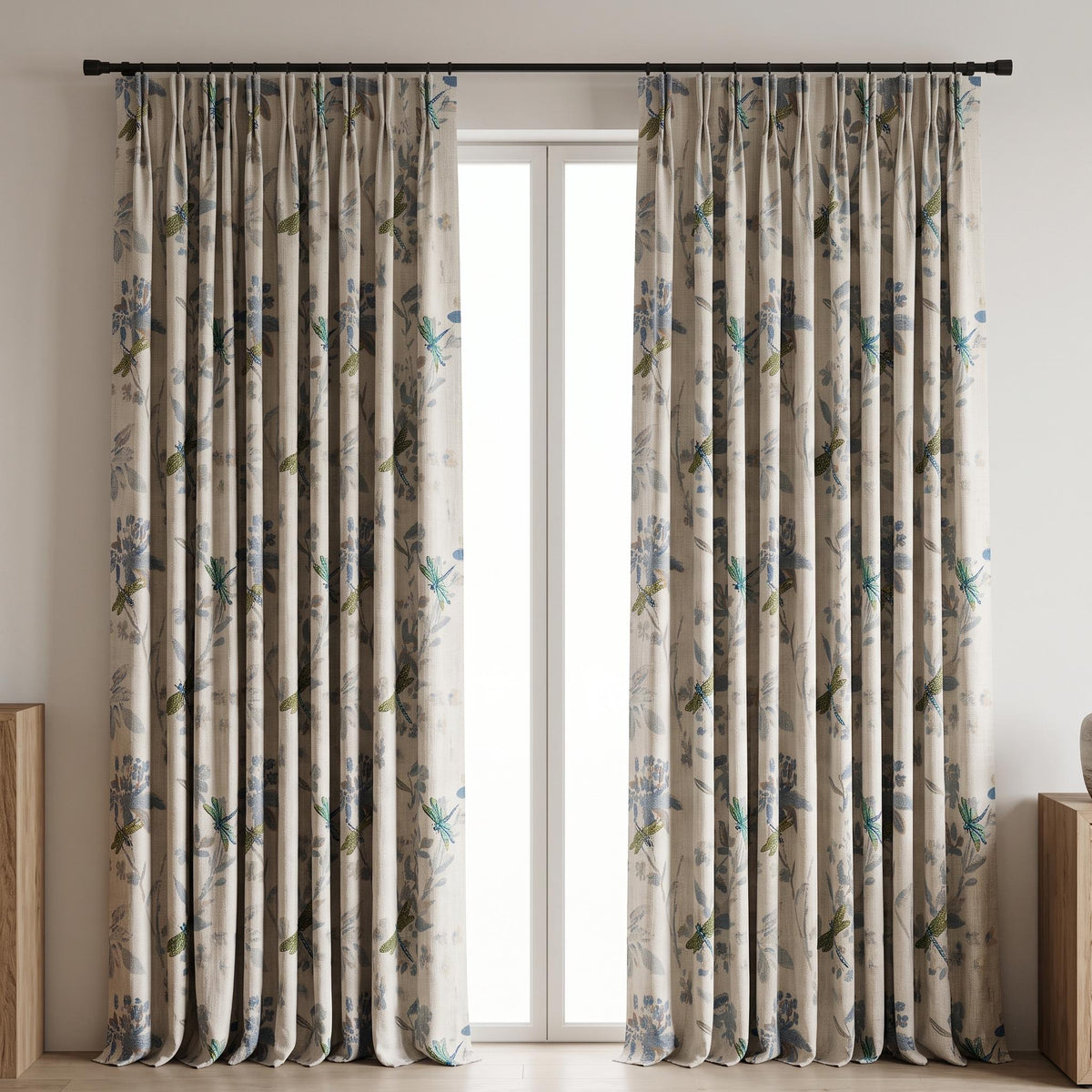 Ivory Pure Linen Dragonfly Curtains, Teal Green Embroidery & Blue Botanical Print, Custom Blackout or Light Filtering Panels — image 5