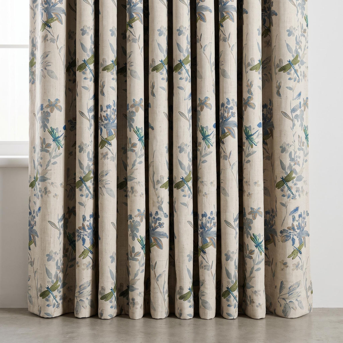 Ivory Pure Linen Dragonfly Curtains, Teal Green Embroidery & Blue Botanical Print, Custom Blackout or Light Filtering Panels — image 4