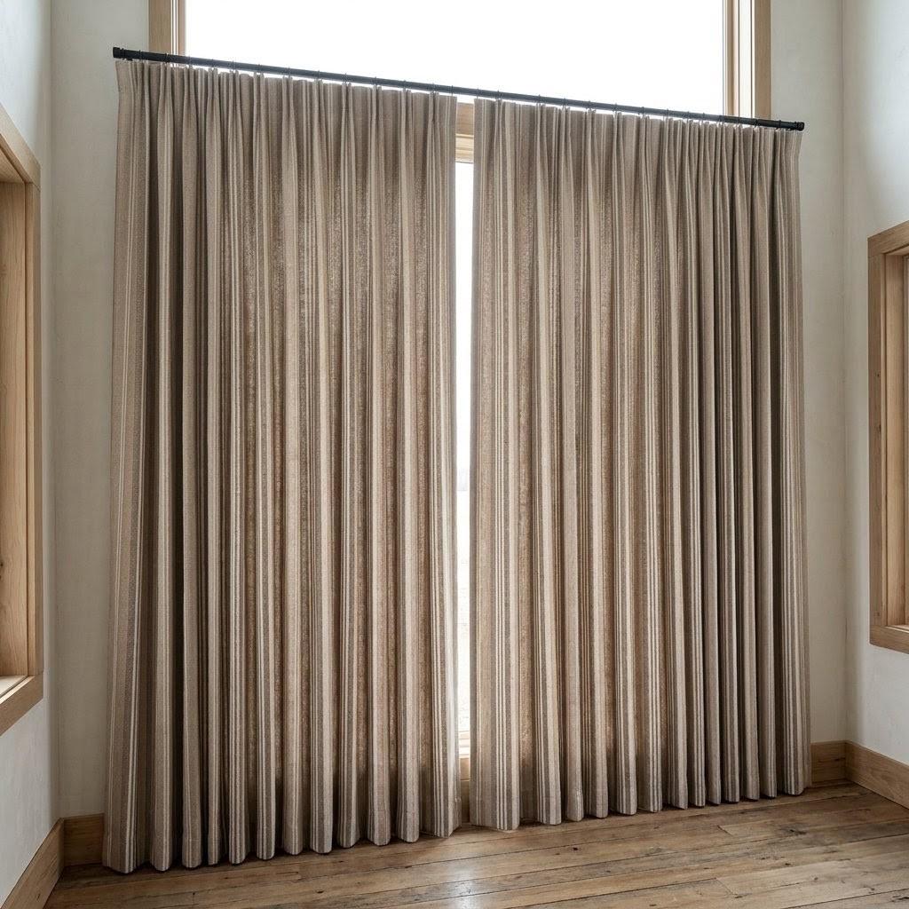 Taupe Beige Ivory Pure Linen Curtains, Printed Herringbone Ticking Stripe Farmhouse Drapes, Custom Blackout or Light Filtering Panels — image 7