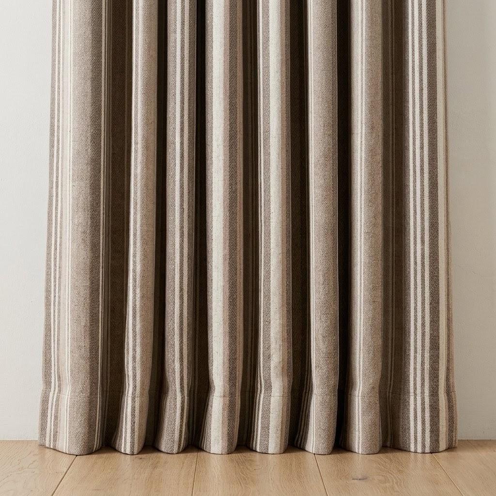 Taupe Beige Ivory Pure Linen Curtains, Printed Herringbone Ticking Stripe Farmhouse Drapes, Custom Blackout or Light Filtering Panels — image 4