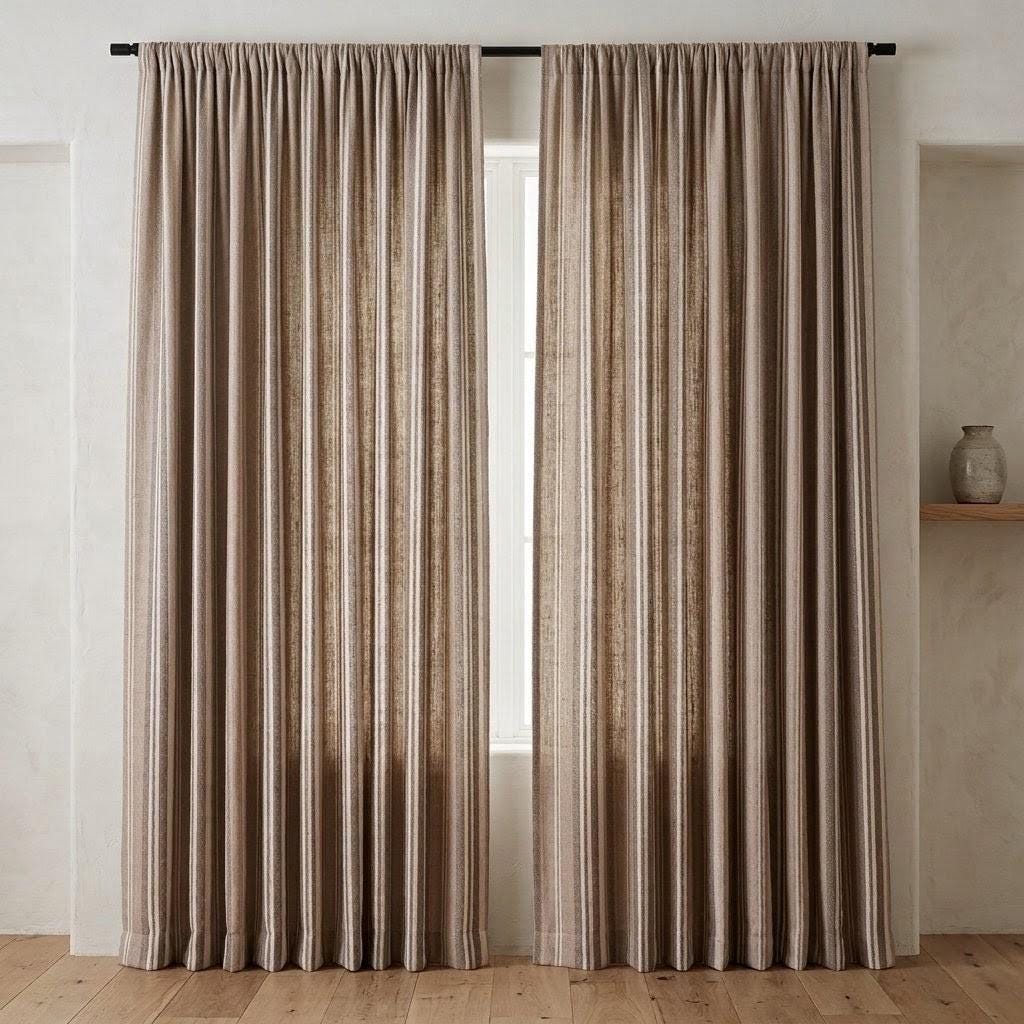 Taupe Beige Ivory Pure Linen Curtains, Printed Herringbone Ticking Stripe Farmhouse Drapes, Custom Blackout or Light Filtering Panels — image 5