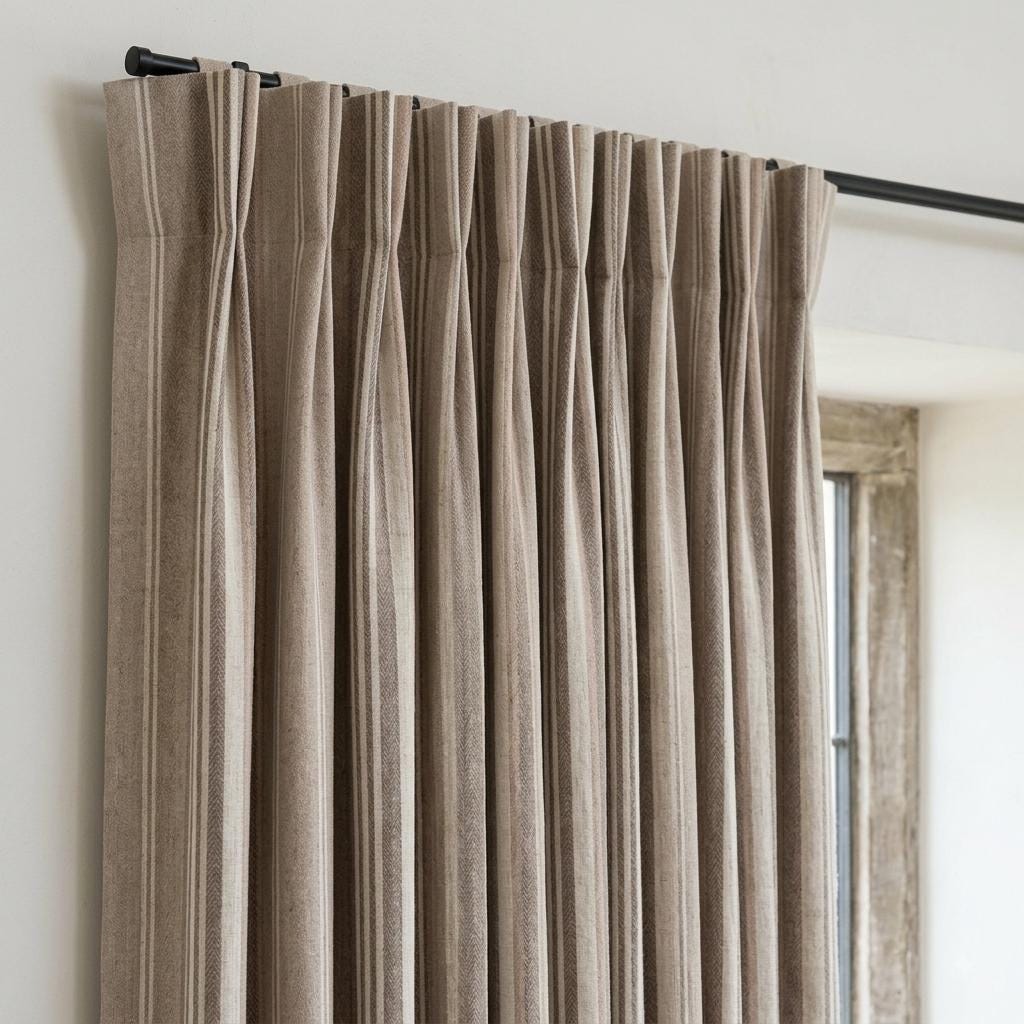 Taupe Beige Ivory Pure Linen Curtains, Printed Herringbone Ticking Stripe Farmhouse Drapes, Custom Blackout or Light Filtering Panels — image 6