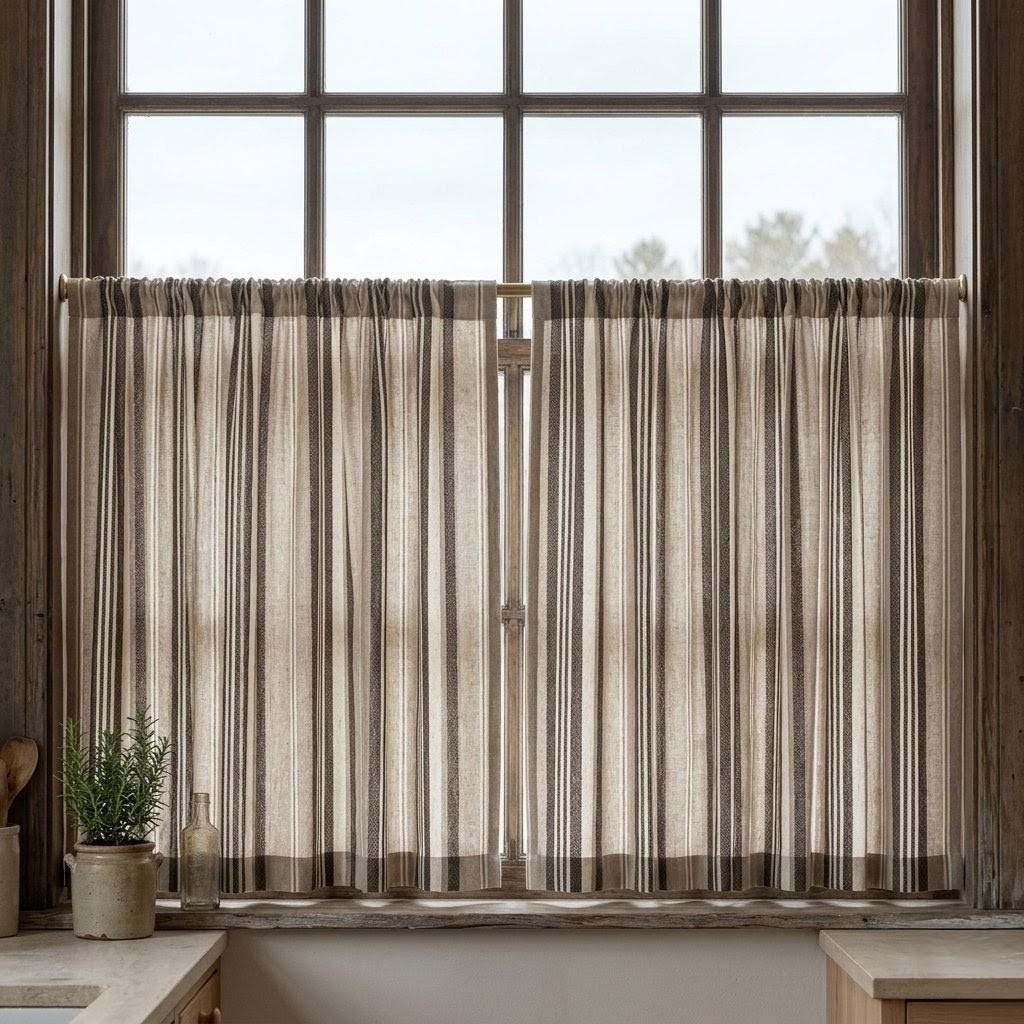 Charcoal Brown Taupe Pure Linen Curtains, Ivory Printed Herringbone Ticking Stripe Farmhouse Drapes, Custom Blackout or Light Filtering — image 7