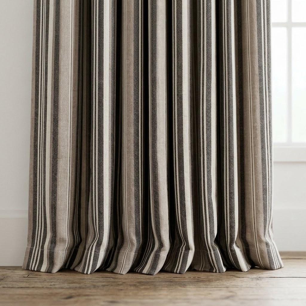 Charcoal Brown Taupe Pure Linen Curtains, Ivory Printed Herringbone Ticking Stripe Farmhouse Drapes, Custom Blackout or Light Filtering — image 4