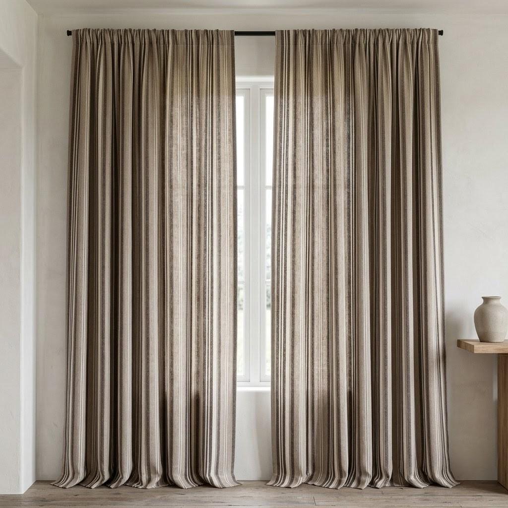 Charcoal Brown Taupe Pure Linen Curtains, Ivory Printed Herringbone Ticking Stripe Farmhouse Drapes, Custom Blackout or Light Filtering — image 5