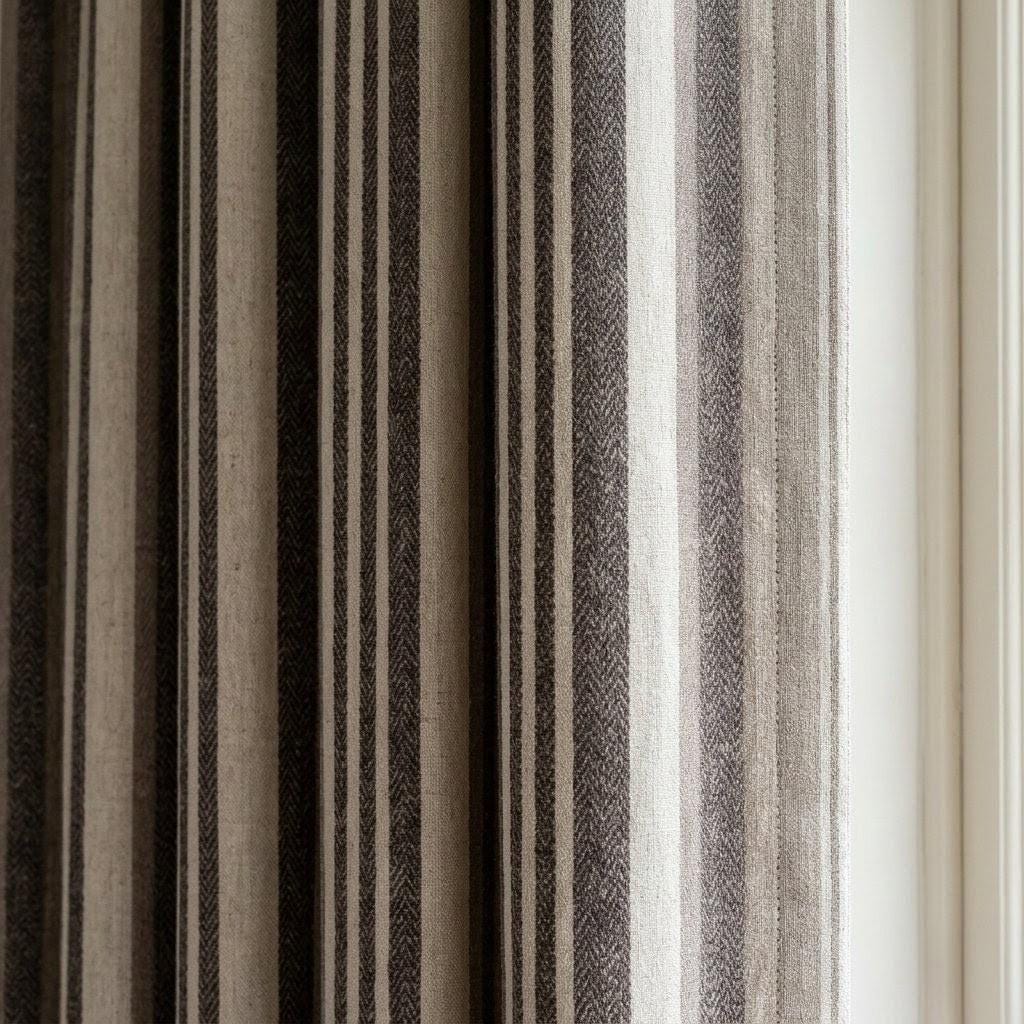 Charcoal Brown Taupe Pure Linen Curtains, Ivory Printed Herringbone Ticking Stripe Farmhouse Drapes, Custom Blackout or Light Filtering — image 2