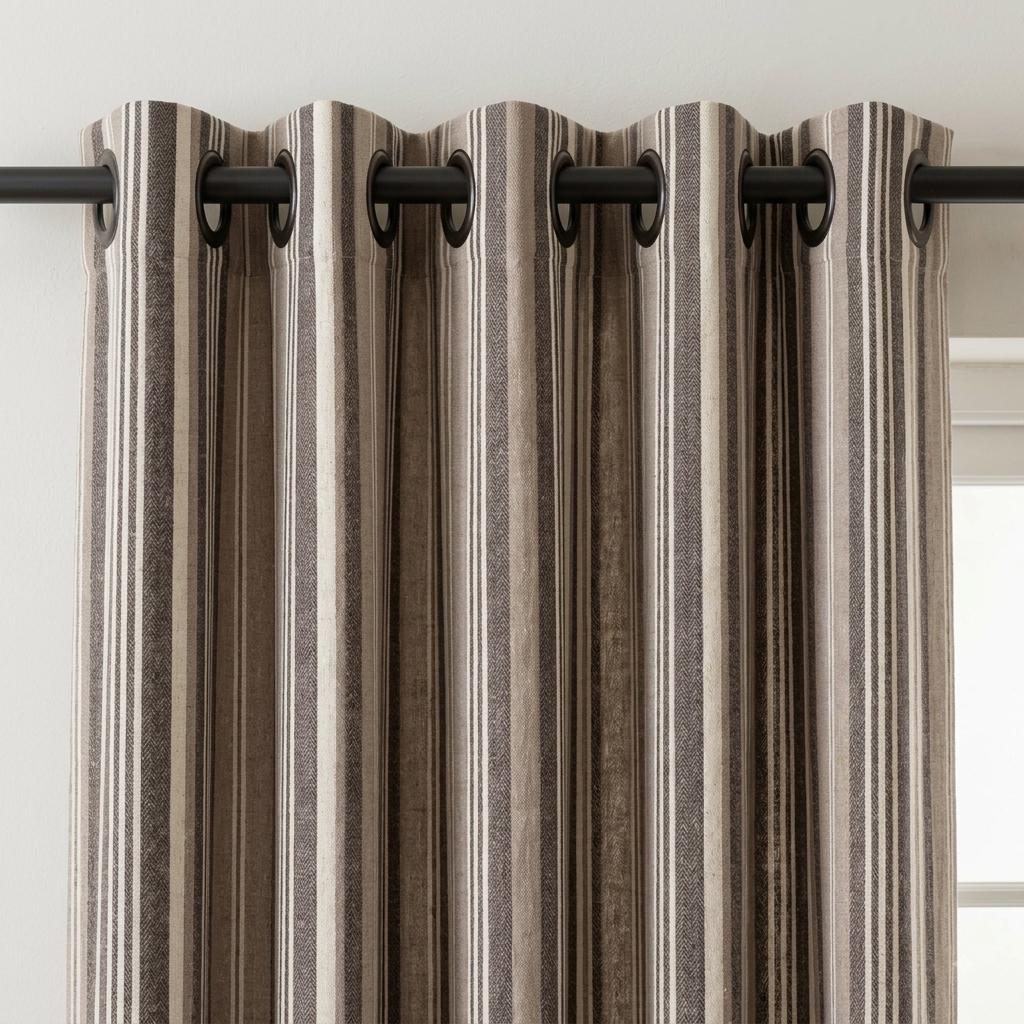 Charcoal Brown Taupe Pure Linen Curtains, Ivory Printed Herringbone Ticking Stripe Farmhouse Drapes, Custom Blackout or Light Filtering — image 3