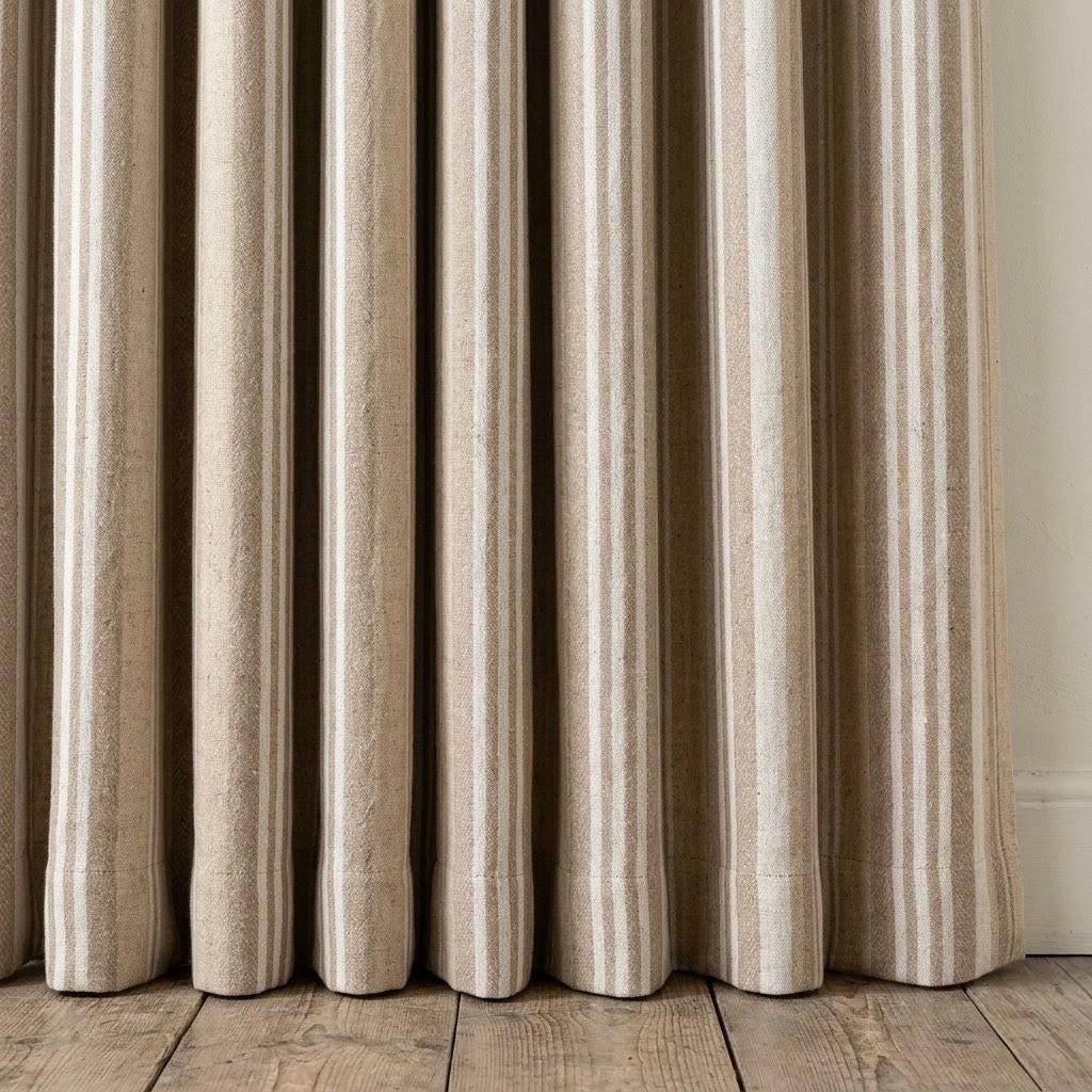 Oatmeal Beige Pure Linen Curtains, Ivory Printed Herringbone Ticking Stripe Farmhouse Drapes, Custom Blackout or Light Filtering — image 4