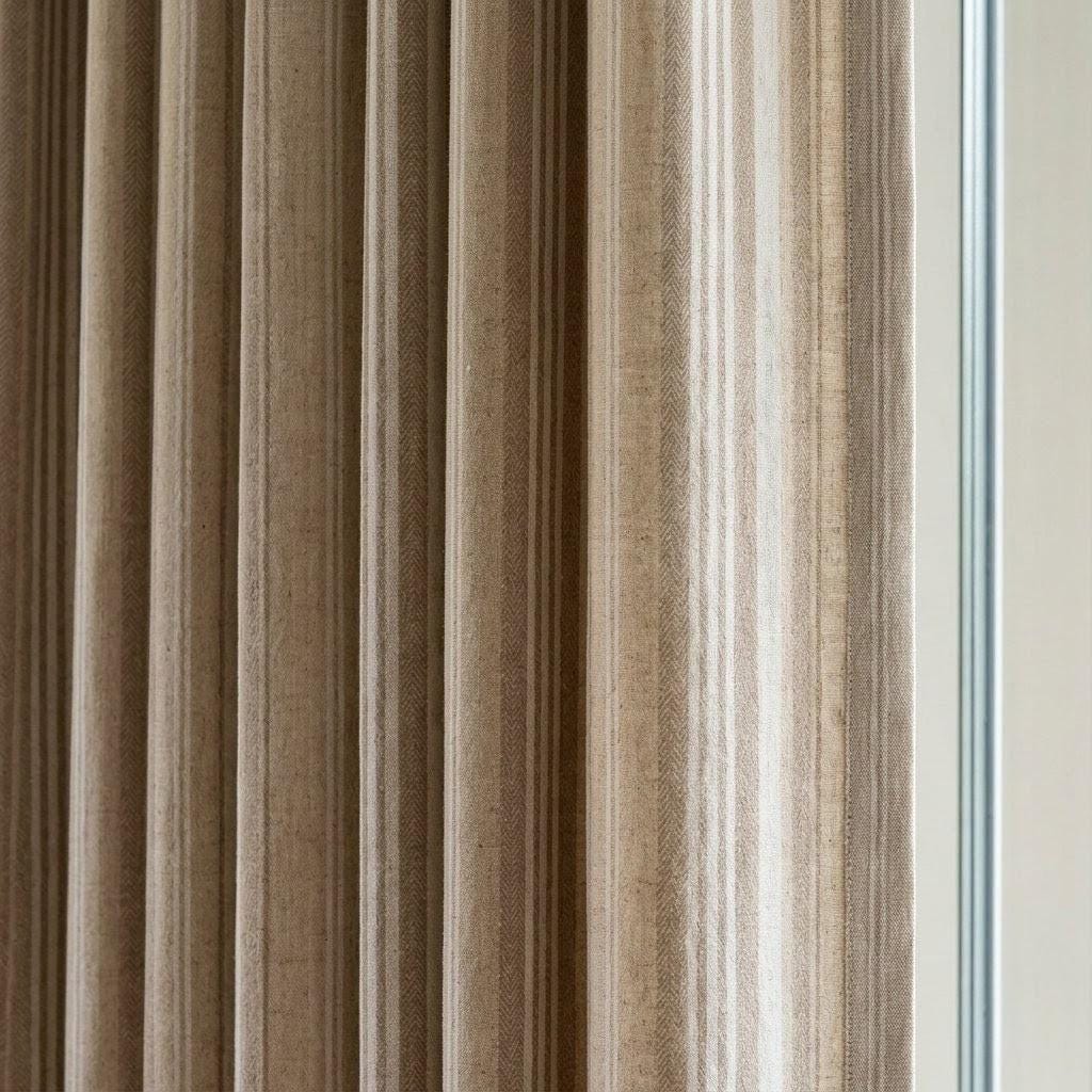 Oatmeal Beige Pure Linen Curtains, Ivory Printed Herringbone Ticking Stripe Farmhouse Drapes, Custom Blackout or Light Filtering — image 2