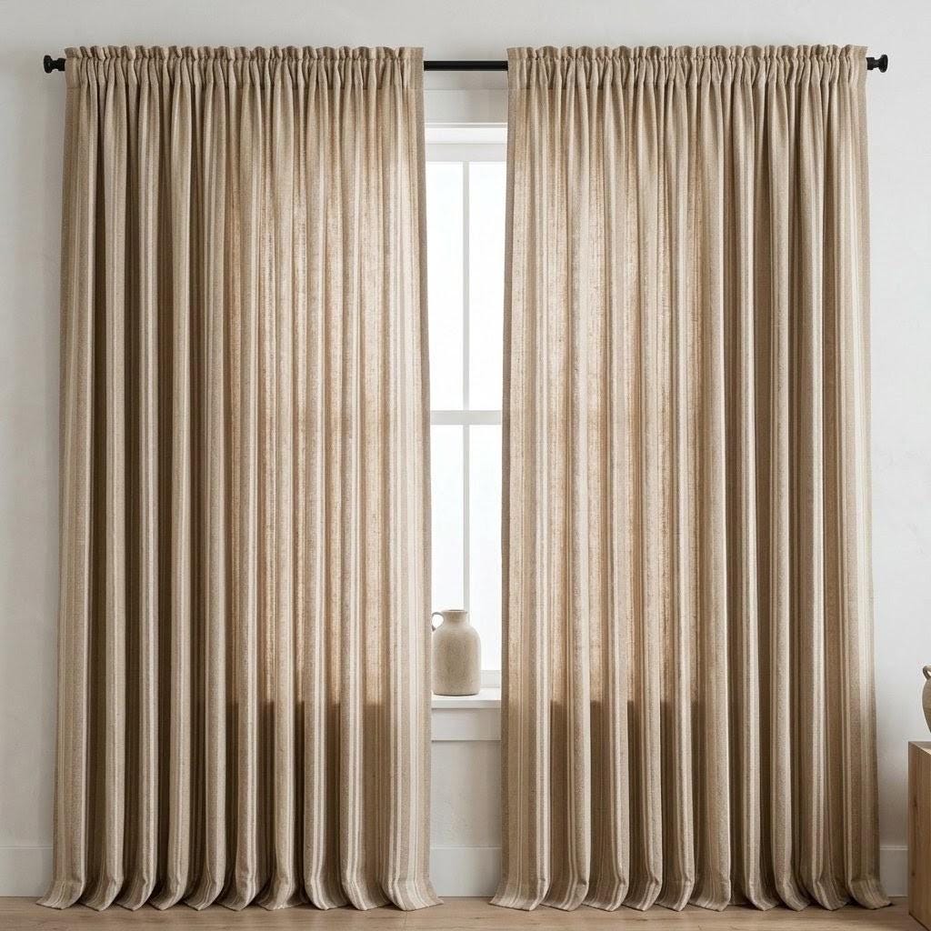 Oatmeal Beige Pure Linen Curtains, Ivory Printed Herringbone Ticking Stripe Farmhouse Drapes, Custom Blackout or Light Filtering — image 5