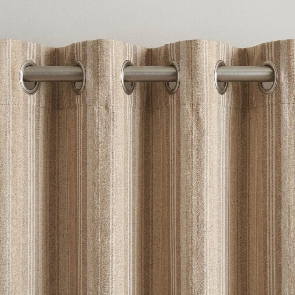 Oatmeal Beige Pure Linen Curtains, Ivory Printed Herringbone Ticking Stripe Farmhouse Drapes, Custom Blackout or Light Filtering — image 6