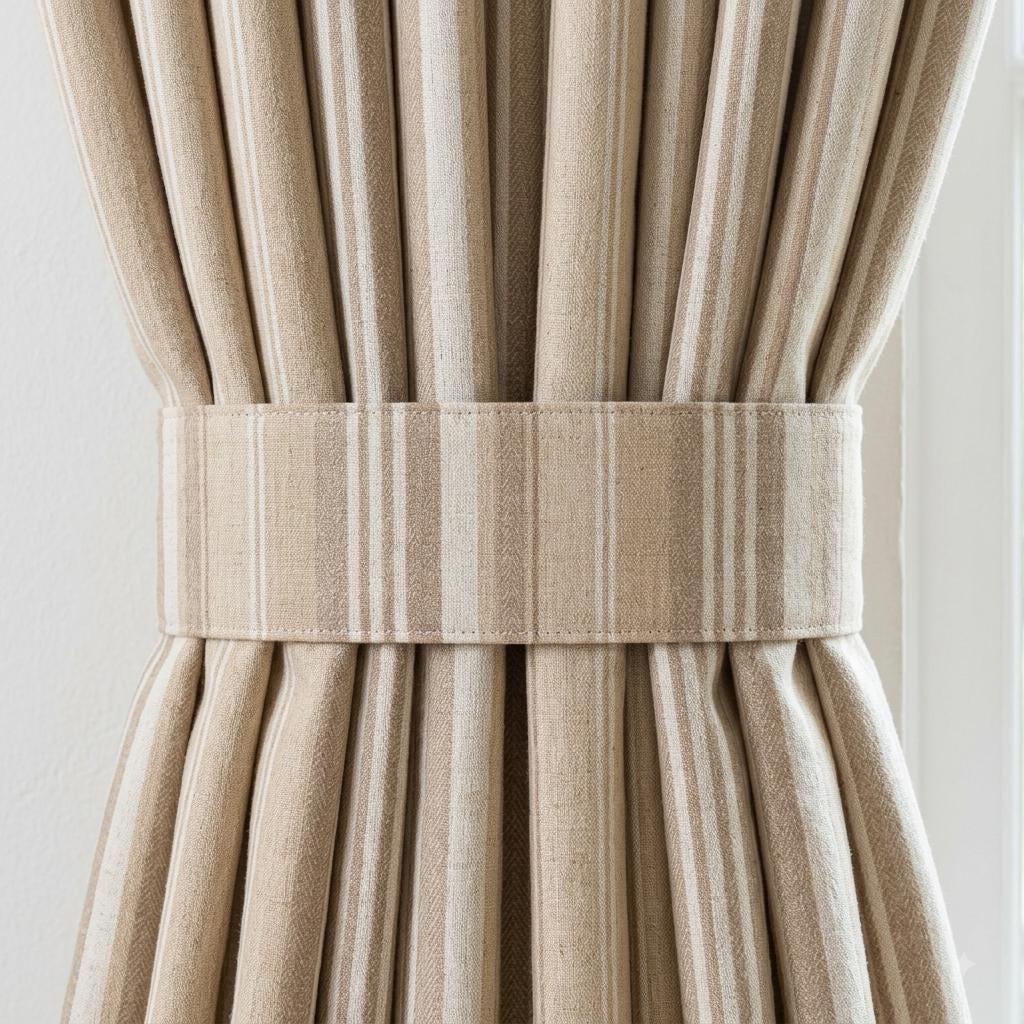 Oatmeal Beige Pure Linen Curtains, Ivory Printed Herringbone Ticking Stripe Farmhouse Drapes, Custom Blackout or Light Filtering — image 1