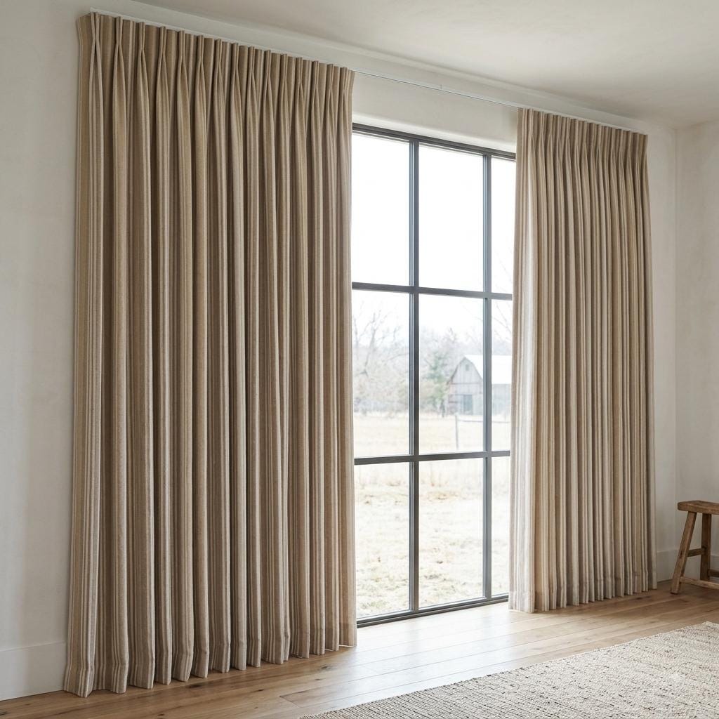 Oatmeal Beige Pure Linen Curtains, Ivory Printed Herringbone Ticking Stripe Farmhouse Drapes, Custom Blackout or Light Filtering — image 7