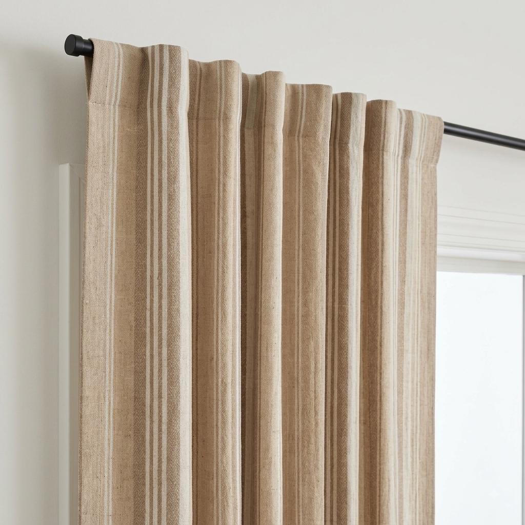 Oatmeal Beige Pure Linen Curtains, Ivory Printed Herringbone Ticking Stripe Farmhouse Drapes, Custom Blackout or Light Filtering — image 3