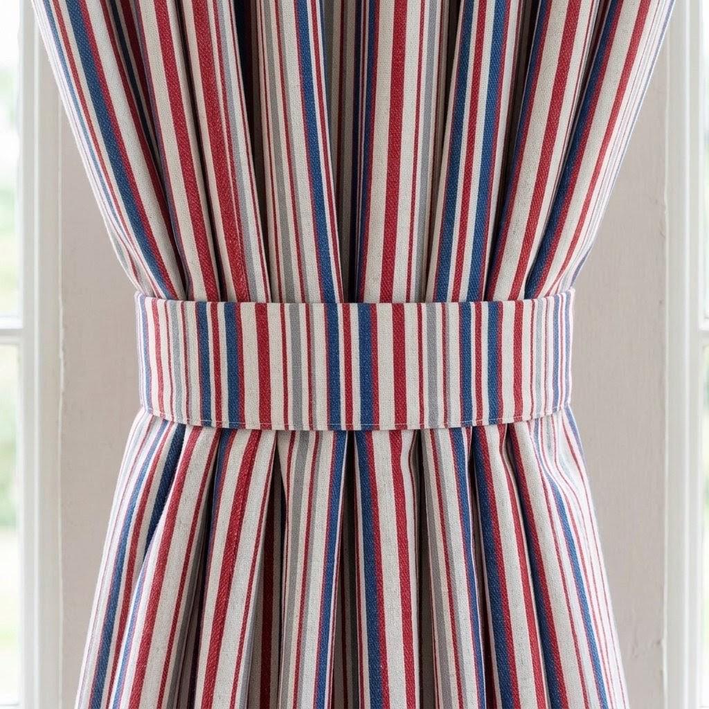 Red Navy Blue Grey & White Pure Linen Curtains, Printed Ticking Stripe Farmhouse Drapes, Custom Blackout or Light Filtering Panels — image 1