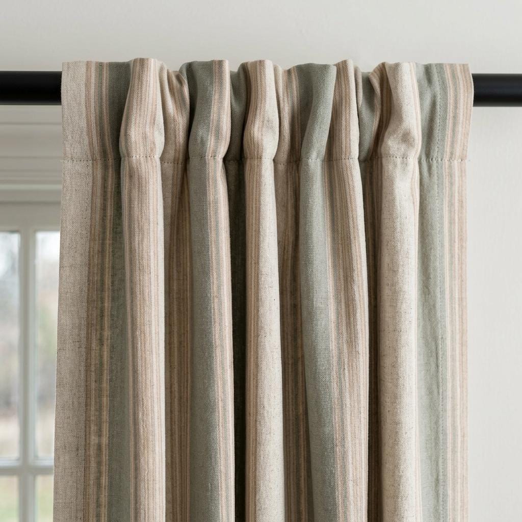 Sage Green Natural Linen Oatmeal Pure Linen Farmhouse Stripe Curtains, Tan Pinstripe Drapes, Custom Blackout or Light Filtering — image 5