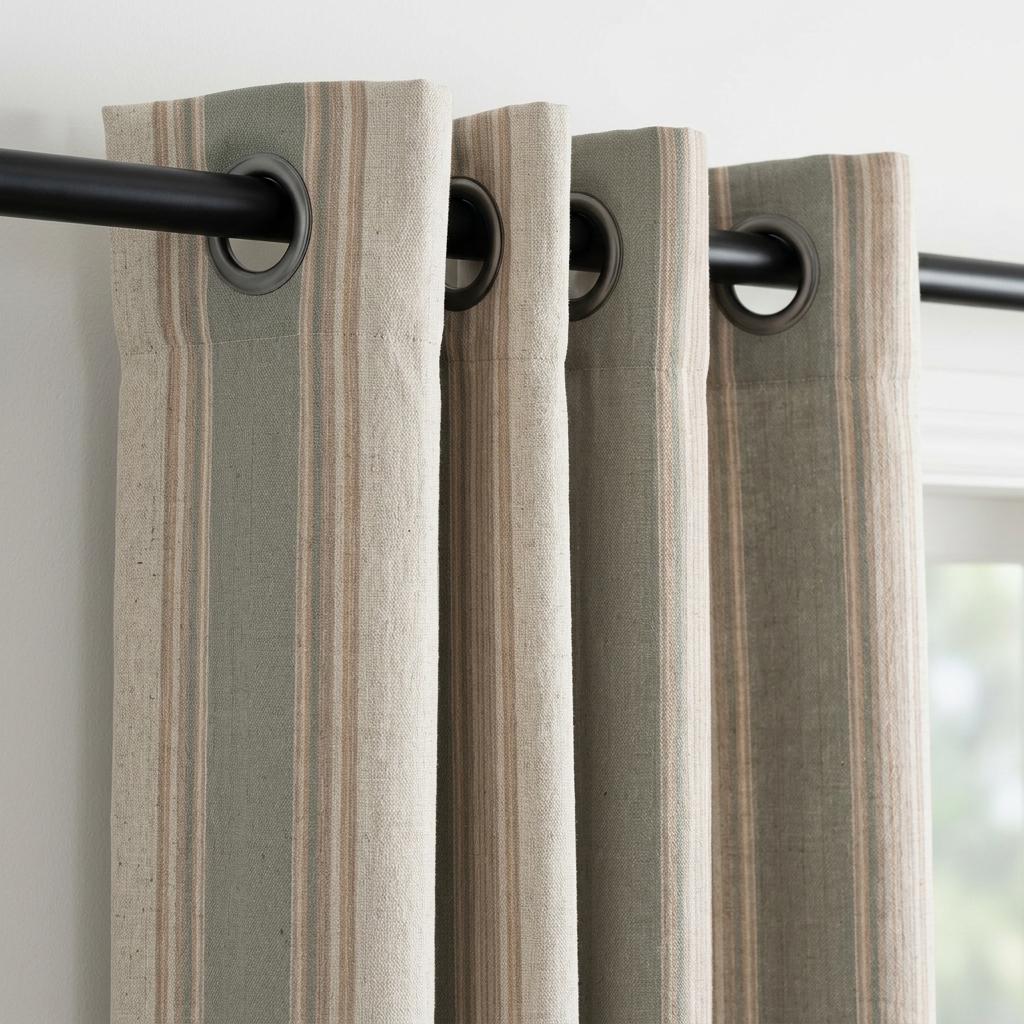 Sage Green Natural Linen Oatmeal Pure Linen Farmhouse Stripe Curtains, Tan Pinstripe Drapes, Custom Blackout or Light Filtering — image 2