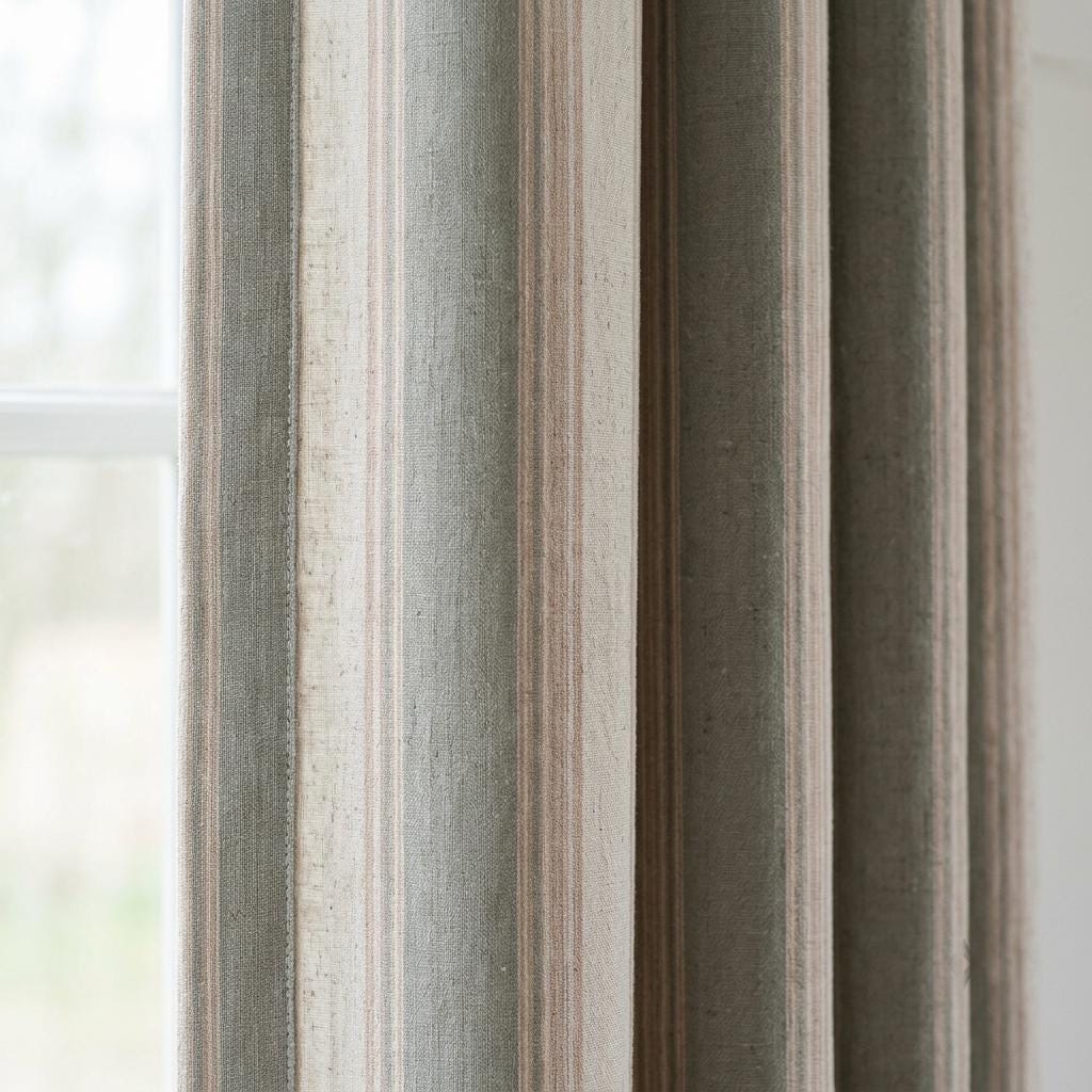Sage Green Natural Linen Oatmeal Pure Linen Farmhouse Stripe Curtains, Tan Pinstripe Drapes, Custom Blackout or Light Filtering — image 1