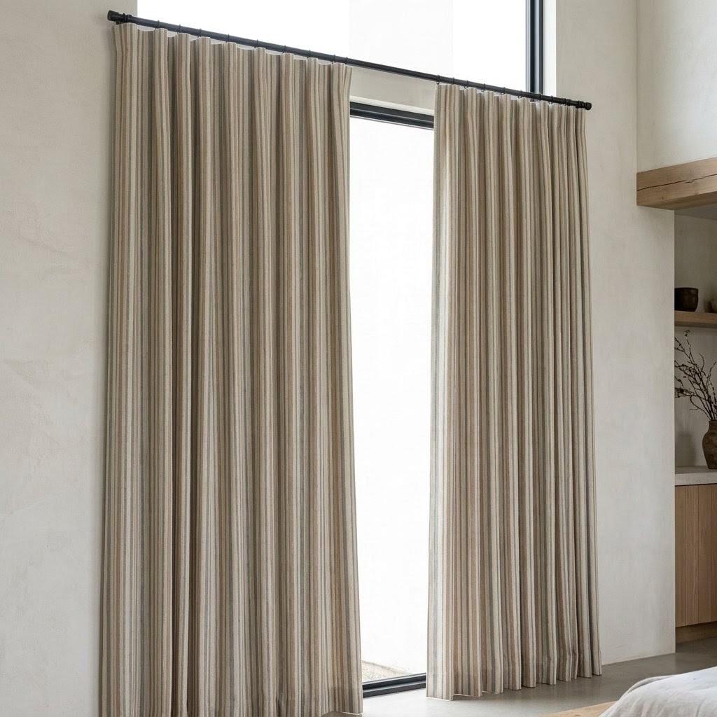 Ivory Sage Green Beige Pure Linen Curtains, Printed Ticking Stripe Farmhouse Drapes, Custom Blackout or Light Filtering Panels — image 5