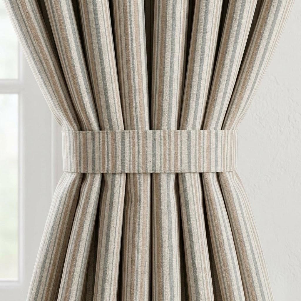 Ivory Sage Green Beige Pure Linen Curtains, Printed Ticking Stripe Farmhouse Drapes, Custom Blackout or Light Filtering Panels — image 2