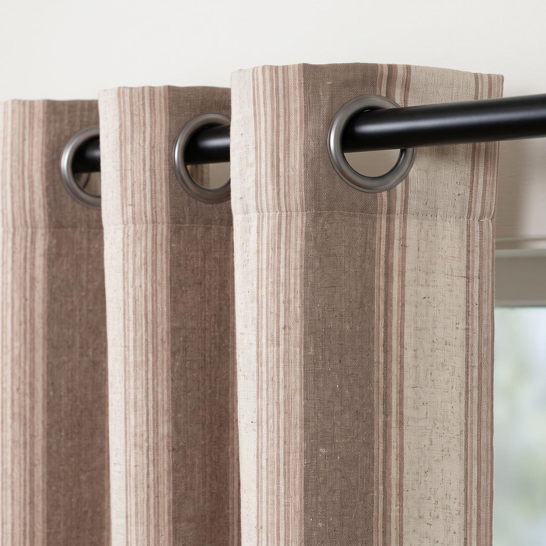 Taupe Brown Pure Linen Farmhouse Stripe Curtains, Ivory Blush Pinstripe Drapes, Custom Blackout or Light Filtering — image 1